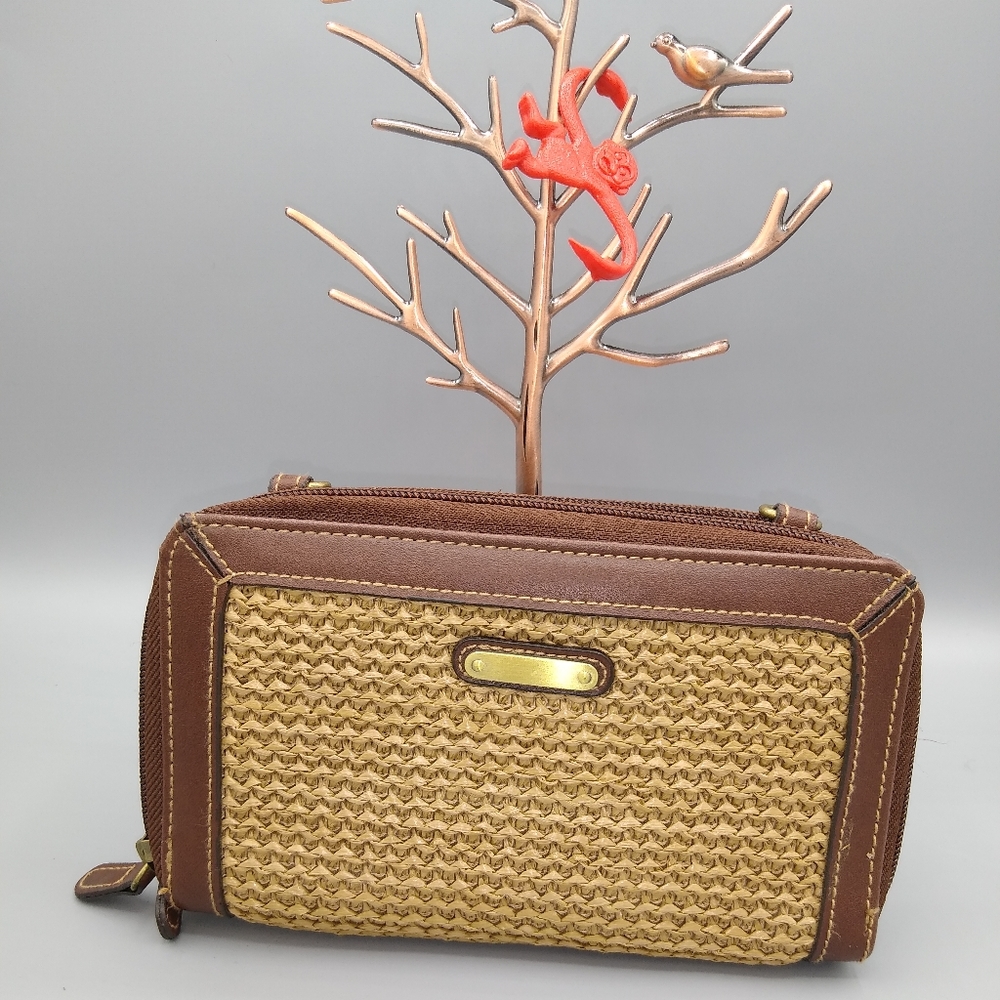 Vintage Raffia faux Leather Xbody Wallet Bag